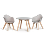 A round play table with a gray tabletop and wooden legs, designed for children.