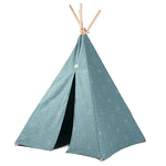 Children's play tent in green with gold dots pattern, made of cotton, with pine wood poles, kids tipi tent, children tipi tent, available in Singapore