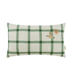 A rectangular linen kids cushion with a green windowpane pattern and a small bird illustration, available in Singapore