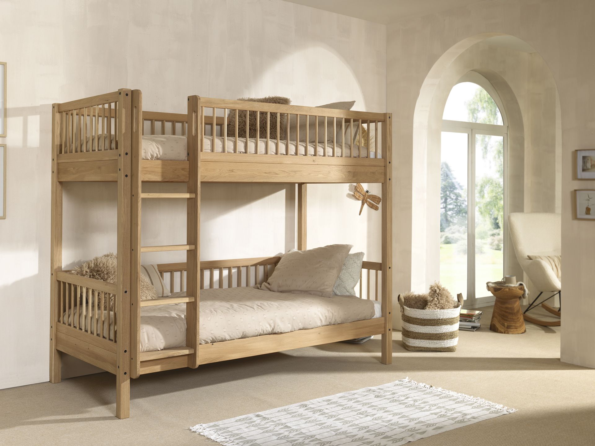 A two-story Forrest Oak Bunk Bed, convertible to 2 single beds, kids beds singapore, kids bunk bed singapore
