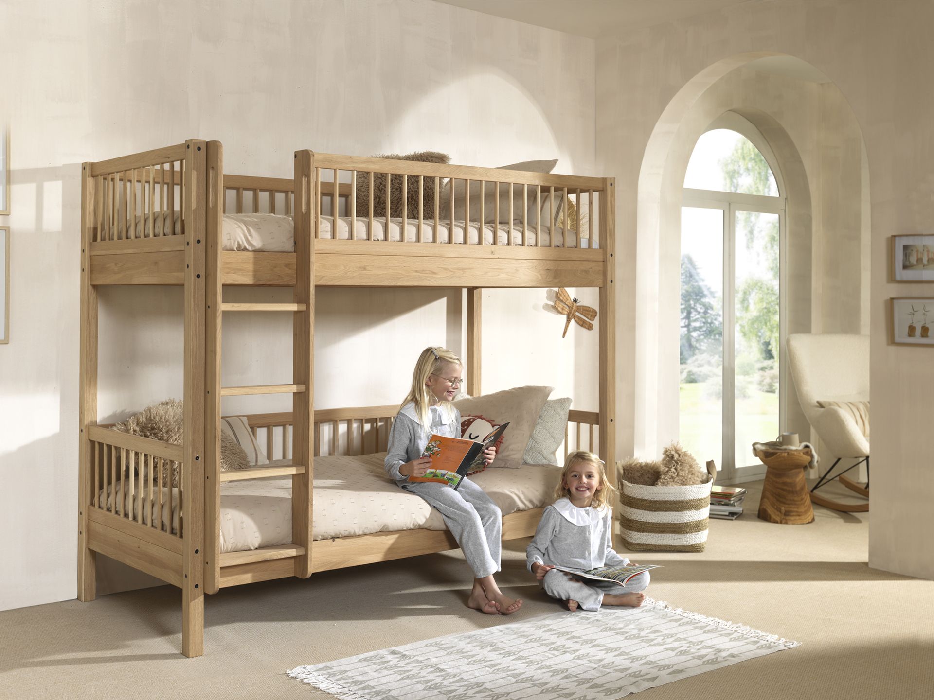 A two-story Forrest Oak Bunk Bed, convertible to 2 single beds, kids beds singapore, kids bunk bed singapore