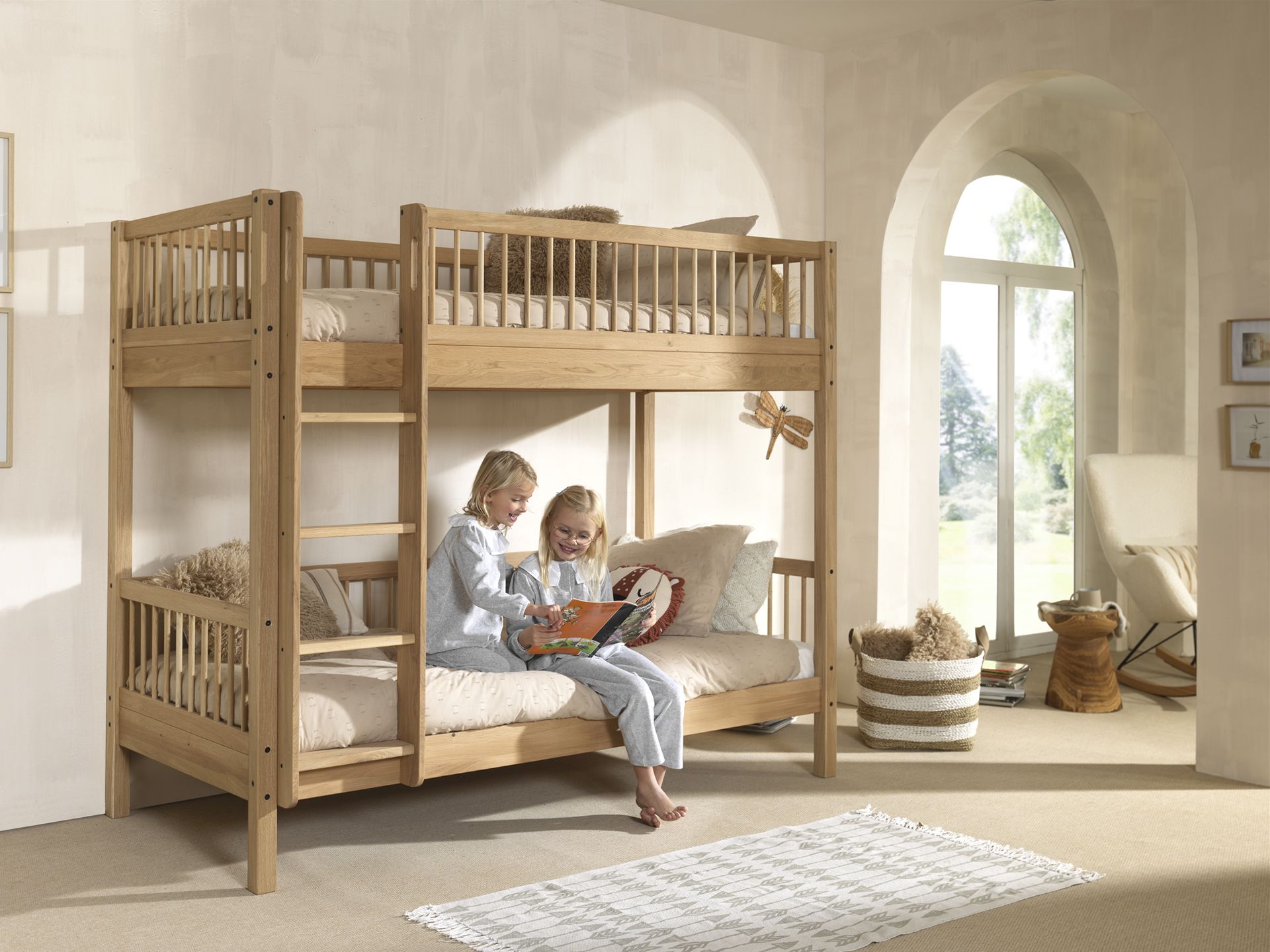 A two-story Forrest Oak Bunk Bed, convertible to 2 single beds, kids beds singapore, kids bunk bed singapore