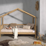 single house bed made from oak with a removable roof and railing on three sides, designed for children's rooms, available in Singapore. House Bed Canopy, kids house bed singapore, kids bed singapore