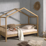 single house bed made from oak with a removable roof and railing on three sides, designed for children's rooms, available in Singapore. House Bed Canopy, kids house bed singapore, kids bed singapore