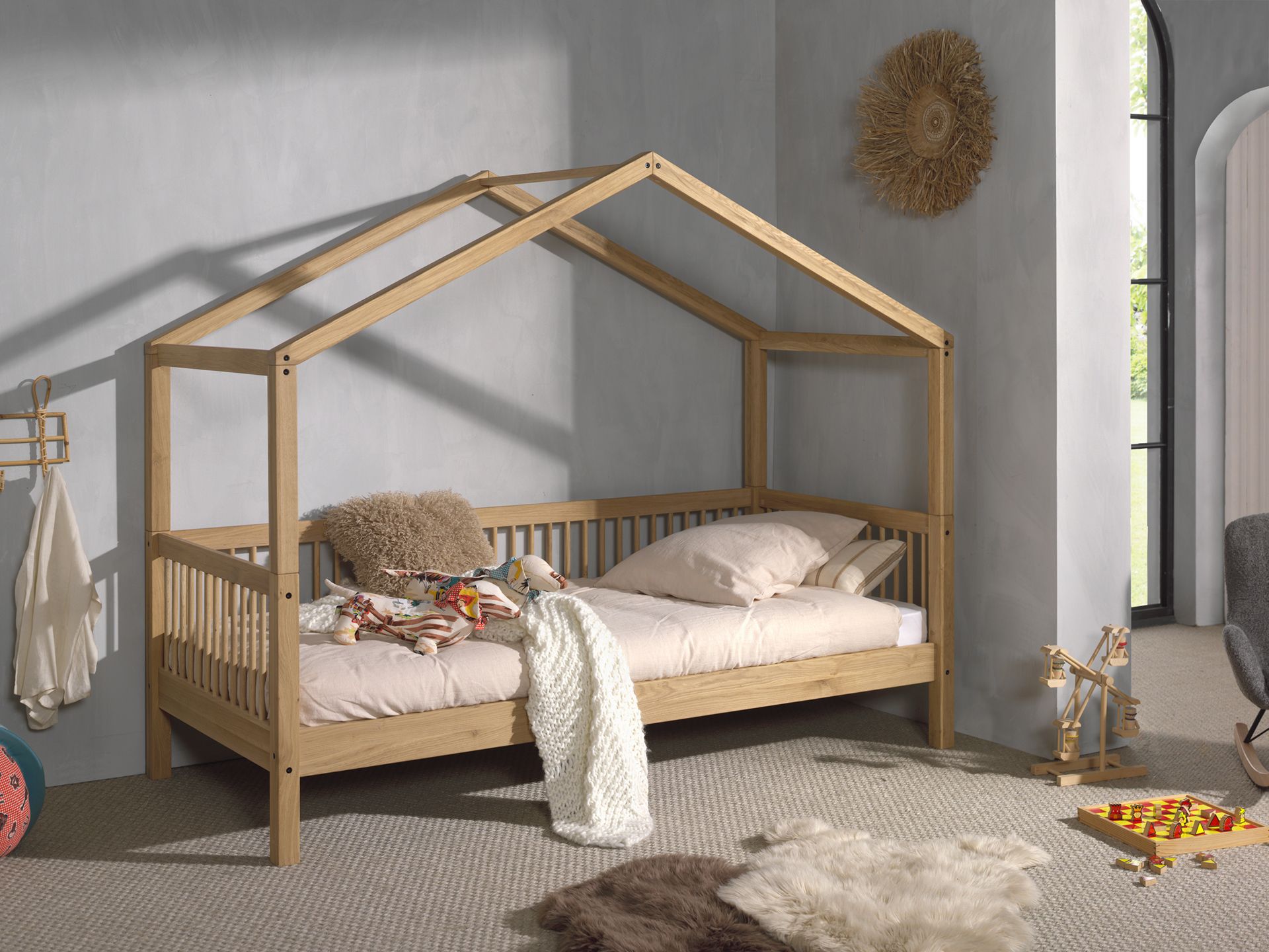 single house bed made from oak with a removable roof and railing on three sides, designed for children's rooms, available in Singapore. House Bed Canopy, kids house bed singapore, kids bed singapore