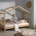 single house bed made from oak with a removable roof and railing on three sides, designed for children's rooms, available in Singapore. House Bed Canopy, kids house bed singapore, kids bed singapore