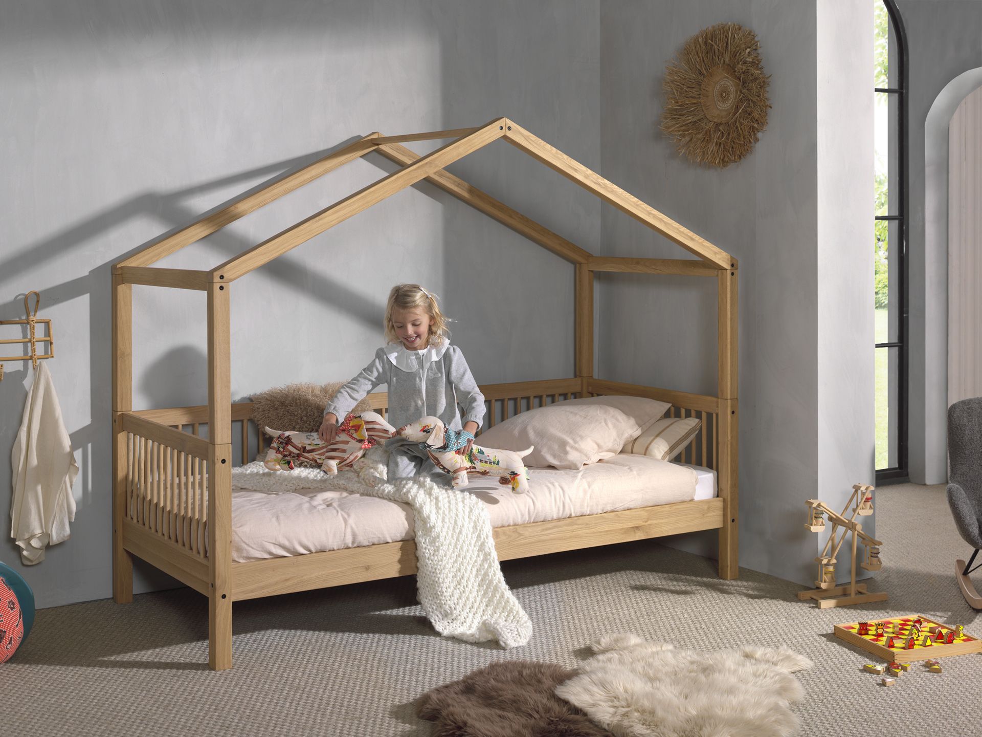 single house bed made from oak with a removable roof and railing on three sides, designed for children's rooms, available in Singapore. House Bed Canopy, kids house bed singapore, kids bed singapore