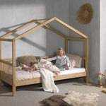 single house bed made from oak with a removable roof and railing on three sides, designed for children's rooms, available in Singapore. House Bed Canopy, kids house bed singapore, kids bed singapore
