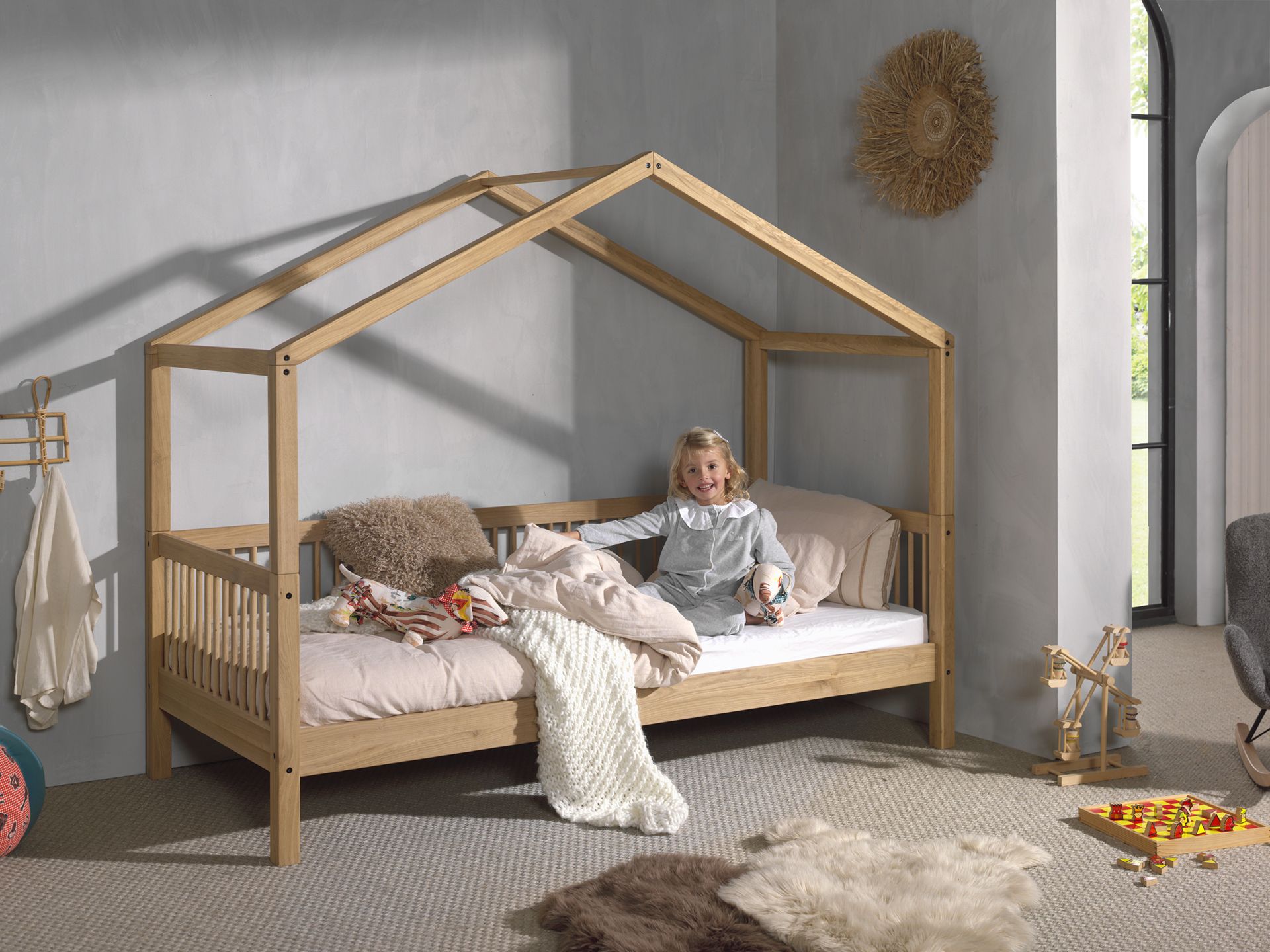 single house bed made from oak with a removable roof and railing on three sides, designed for children's rooms, available in Singapore. House Bed Canopy, kids house bed singapore, kids bed singapore
