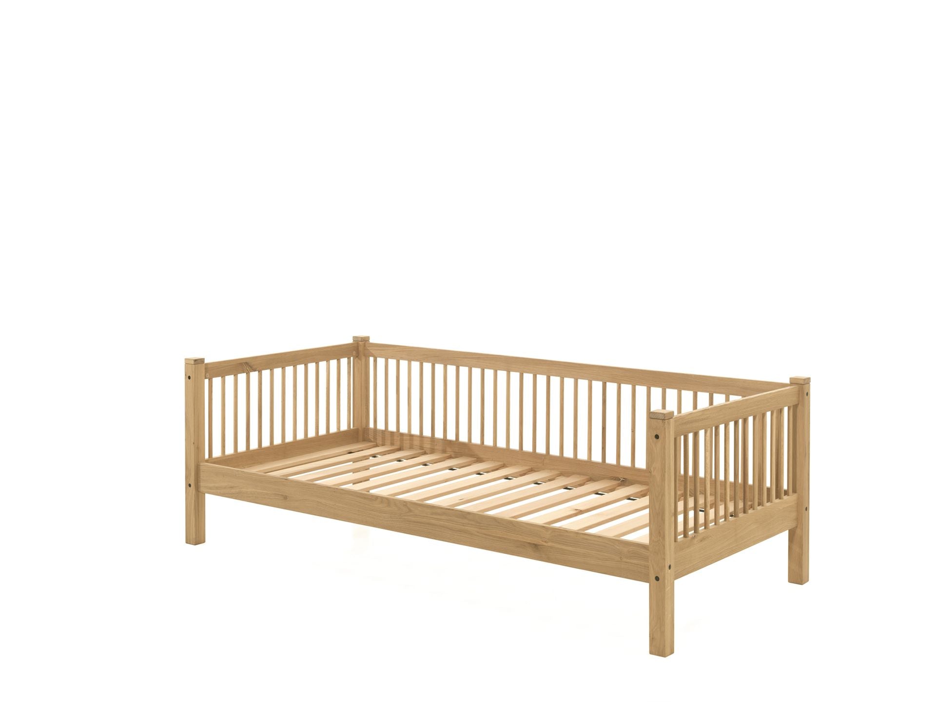 single house bed made from oak with a removable roof and railing on three sides, designed for children's rooms, available in Singapore. House Bed Canopy, kids house bed singapore, kids bed singapore