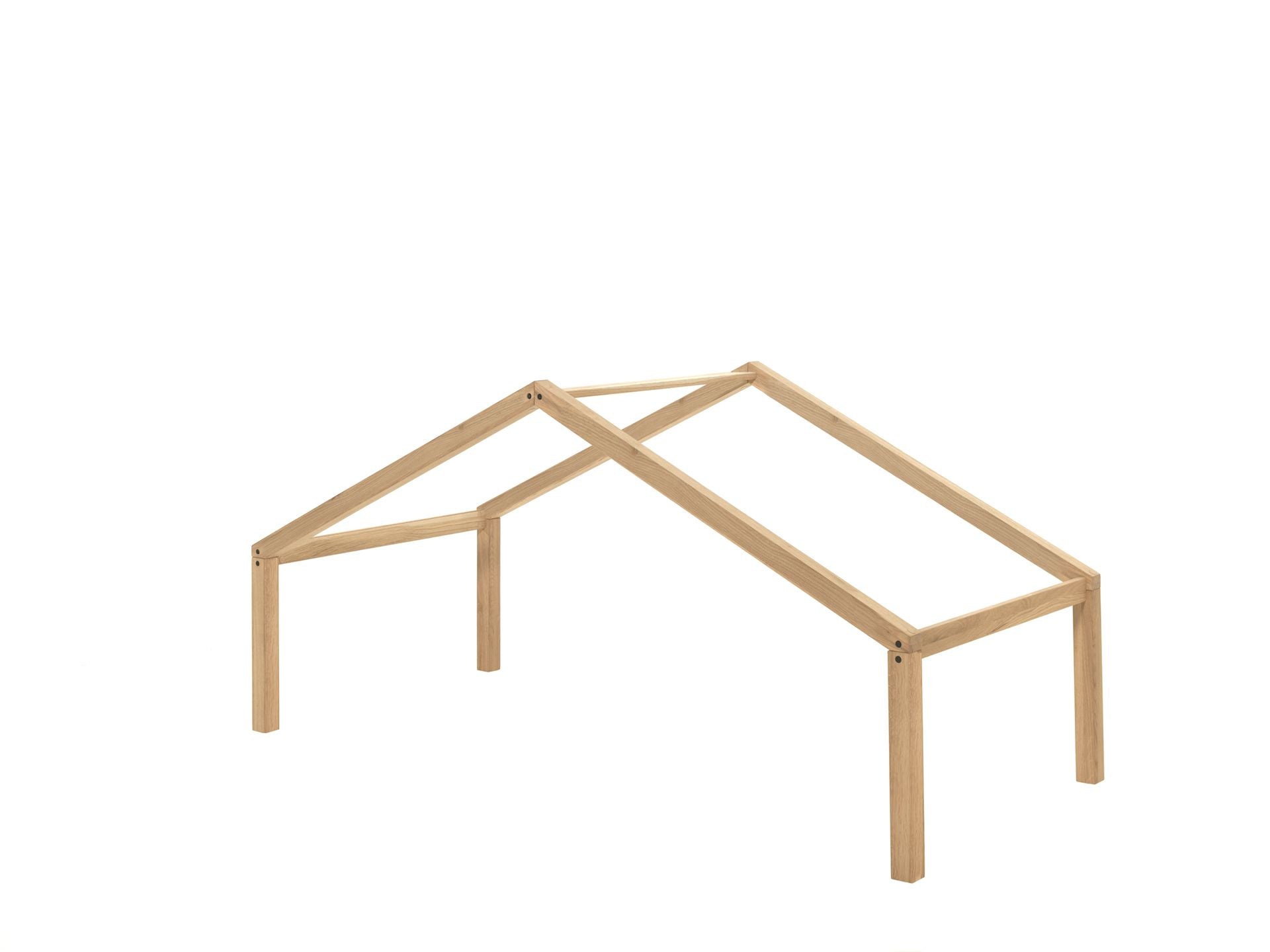 single house bed made from oak with a removable roof and railing on three sides, designed for children's rooms, available in Singapore. House Bed Canopy, kids house bed singapore, kids bed singapore