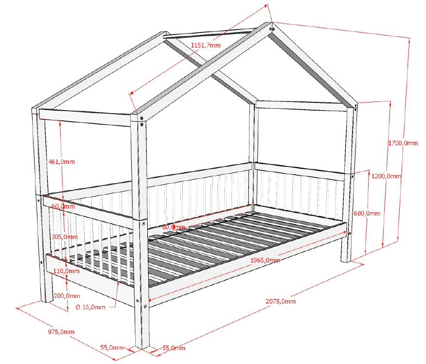 single house bed made from oak with a removable roof and railing on three sides, designed for children's rooms, available in Singapore. House Bed Canopy, kids house bed singapore, kids bed singapore