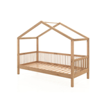 single house bed made from oak with a removable roof and railing on three sides, designed for children's rooms, available in Singapore. House Bed Canopy, kids house bed singapore, kids bed singapore