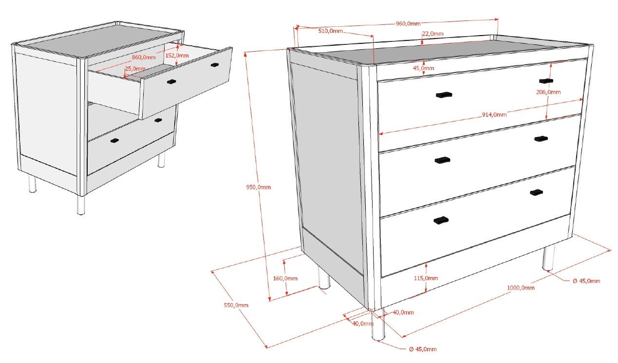 A three-drawer chest made of oak wood, with a natural wood finish and metal handles. available in singapore