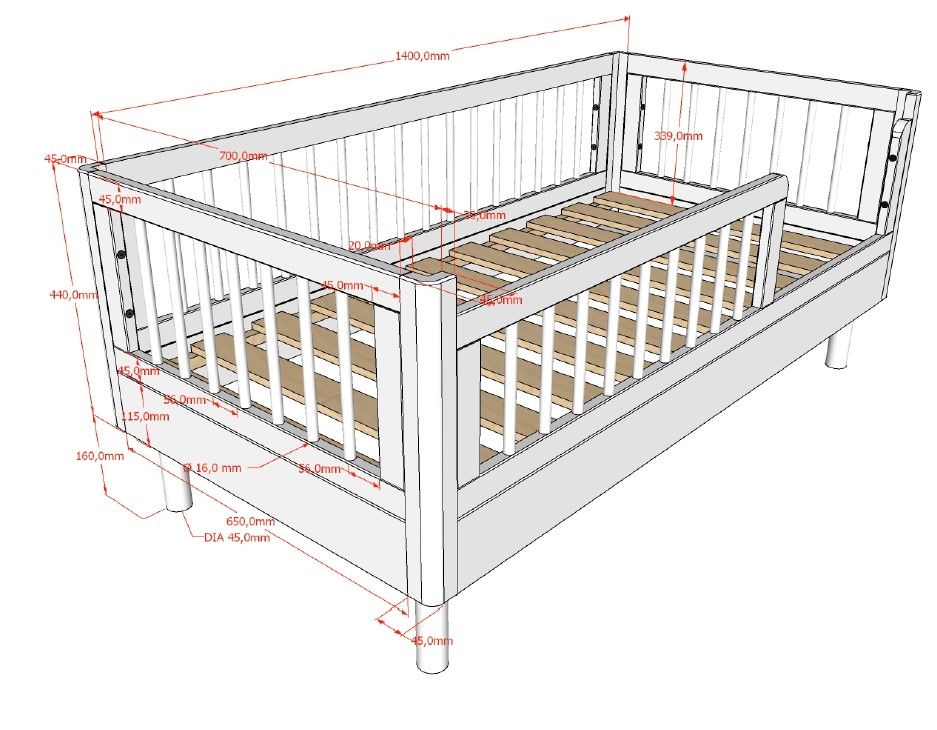 Dimensions of Vipack Forrest Toddler Bed, available in Singapore.