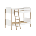 Kids bunk bed with white and wood accents, rounded corners for safety. kids bed singapore, kids bunk bed singapore