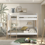Kids bunk bed with white and wood accents, rounded corners for safety. kids bed singapore, kids bunk bed singapore