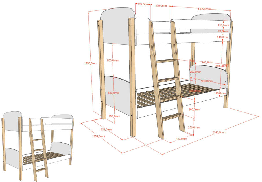 Kids bunk bed with white and wood accents, rounded corners for safety. kids bed singapore, kids bunk bed singapore