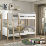 Kids bunk bed with white and wood accents, rounded corners for safety. kids bed singapore, kids bunk bed singapore