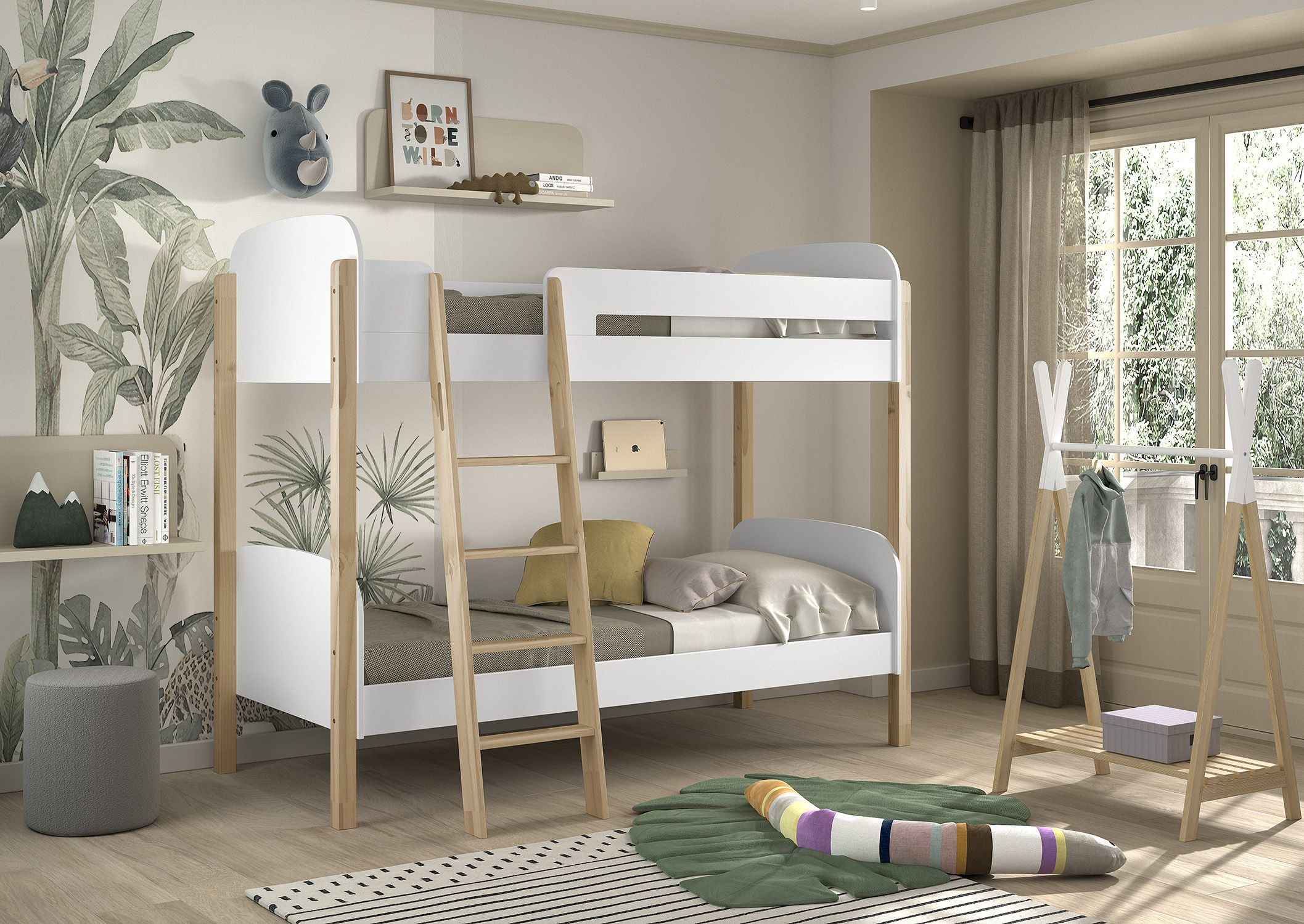 Kids bunk bed with white and wood accents, rounded corners for safety. kids bed singapore, kids bunk bed singapore