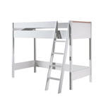 A white loft bed frame with a ladder, made of pine wood, with a built-in desk underneath, kids loft bed singapore, kids bed singapore