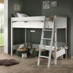 A white loft bed frame with a ladder, made of pine wood, with a built-in desk underneath, kids loft bed singapore, kids bed singapore