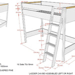 A white loft bed frame with a ladder, made of pine wood, with a built-in desk underneath, kids loft bed singapore, kids bed singapore