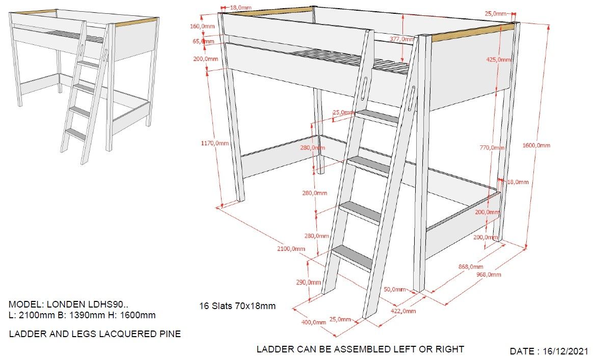 A white loft bed frame with a ladder, made of pine wood, with a built-in desk underneath, kids loft bed singapore, kids bed singapore