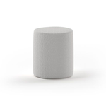 A gray upholstered Moon pouf with a textured bouclé fabric cover, cylindrical in shape, kids pouf, available in Singapore