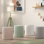 upholstered Moon poufs with a textured bouclé fabric in pink, green, white & gray. cylindrical in shape, kids pouf, available in Singapore