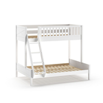 A white bunk bed with a top bed sleeps 1, and a lower bed sleeps 2. Available in Singapore, kids bunk bed singapore, kids bed singapore