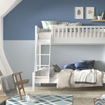 A white bunk bed with a top bed sleeps 1, and a lower bed sleeps 2. Available in Singapore, kids bunk bed singapore, kids bed singapore