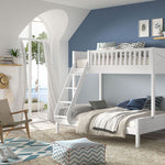 A white bunk bed with a top bed sleeps 1, and a lower bed sleeps 2. Available in Singapore, kids bunk bed singapore, kids bed singapore