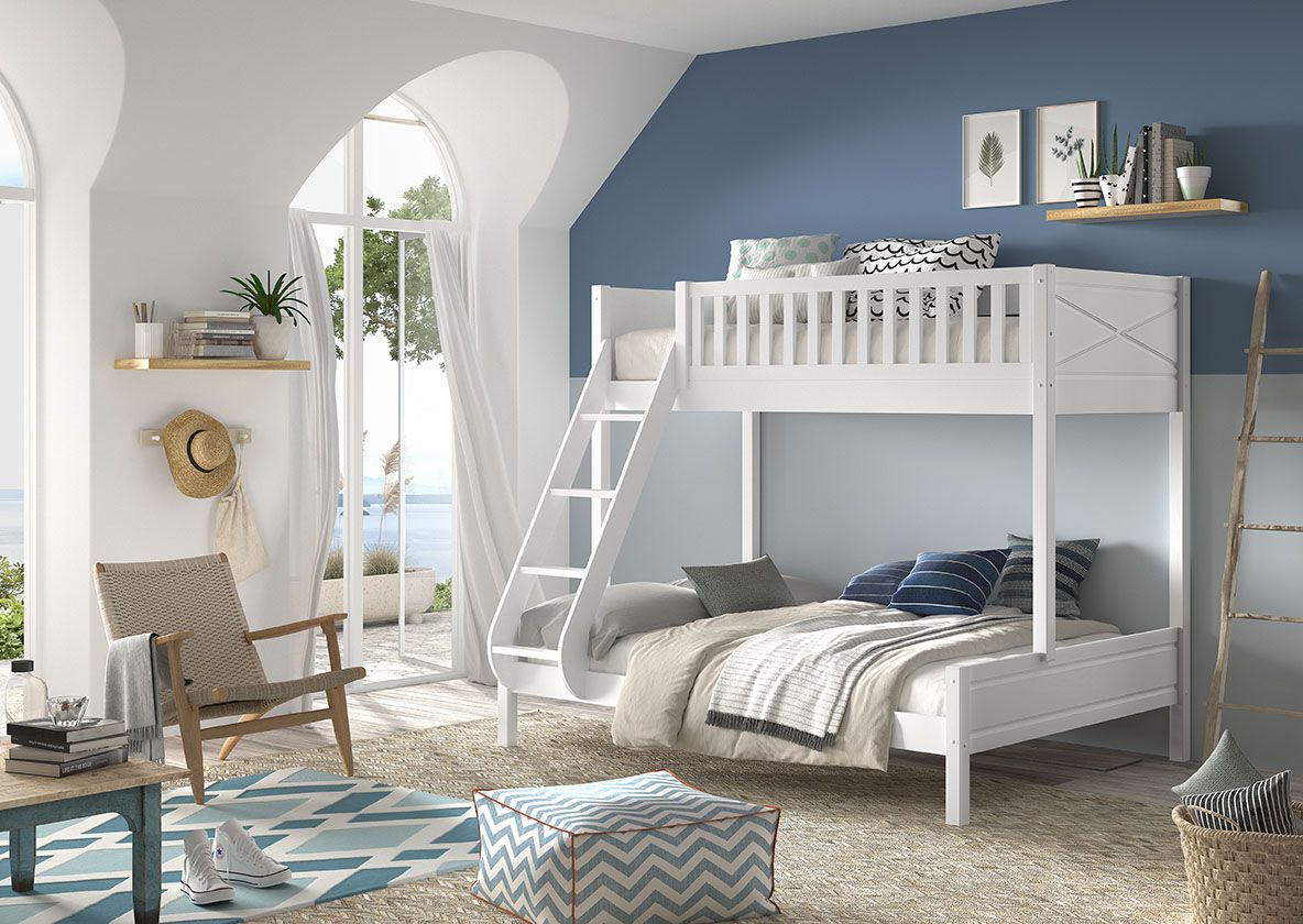 A white bunk bed with a top bed sleeps 1, and a lower bed sleeps 2. Available in Singapore, kids bunk bed singapore, kids bed singapore