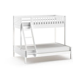 A white bunk bed with a top bed sleeps 1, and a lower bed sleeps 2. Available in Singapore, kids bunk bed singapore, kids bed singapore