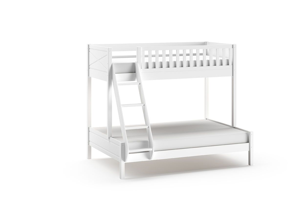 A white bunk bed with a top bed sleeps 1, and a lower bed sleeps 2. Available in Singapore, kids bunk bed singapore, kids bed singapore