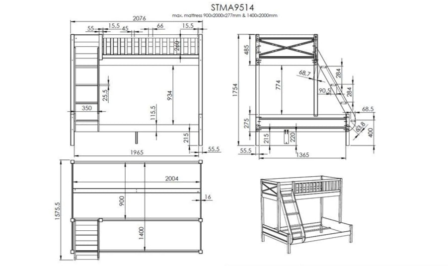 A white bunk bed with a top bed sleeps 1, and a lower bed sleeps 2. Available in Singapore, kids bunk bed singapore, kids bed singapore