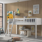 A white loft bed made of solid Scandinavian pine wood with a ladder on the side. Available in Singapore