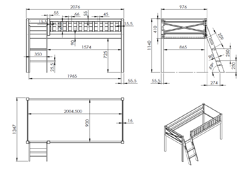 A white loft bed made of solid Scandinavian pine wood with a ladder on the side. Available in Singapore