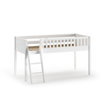 A white loft bed made of solid Scandinavian pine wood with a ladder on the side. Available in Singapore
