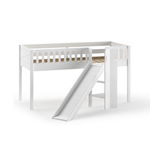 A white loft bed with a slide underneath the bed frame, featuring a ladder on the front side. available in Singapore, kids beds singapore, kids loft bed singapore, kids bed with slide