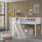 A white loft bed with a slide underneath the bed frame, featuring a ladder on the front side. available in Singapore, kids beds singapore, kids loft bed singapore, kids bed with slide