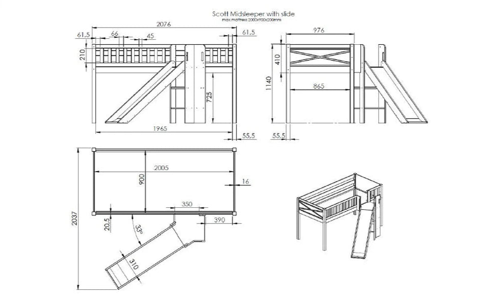 A white loft bed with a slide underneath the bed frame, featuring a ladder on the front side. available in Singapore, kids beds singapore, kids loft bed singapore, kids bed with slide
