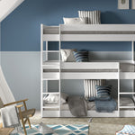 A white triple bunk bed with wooden slats, available in Singapore, kids bunk bed singapore, kids bed singapore