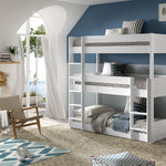 A white triple bunk bed with wooden slats, available in Singapore, kids bunk bed singapore, kids bed singapore