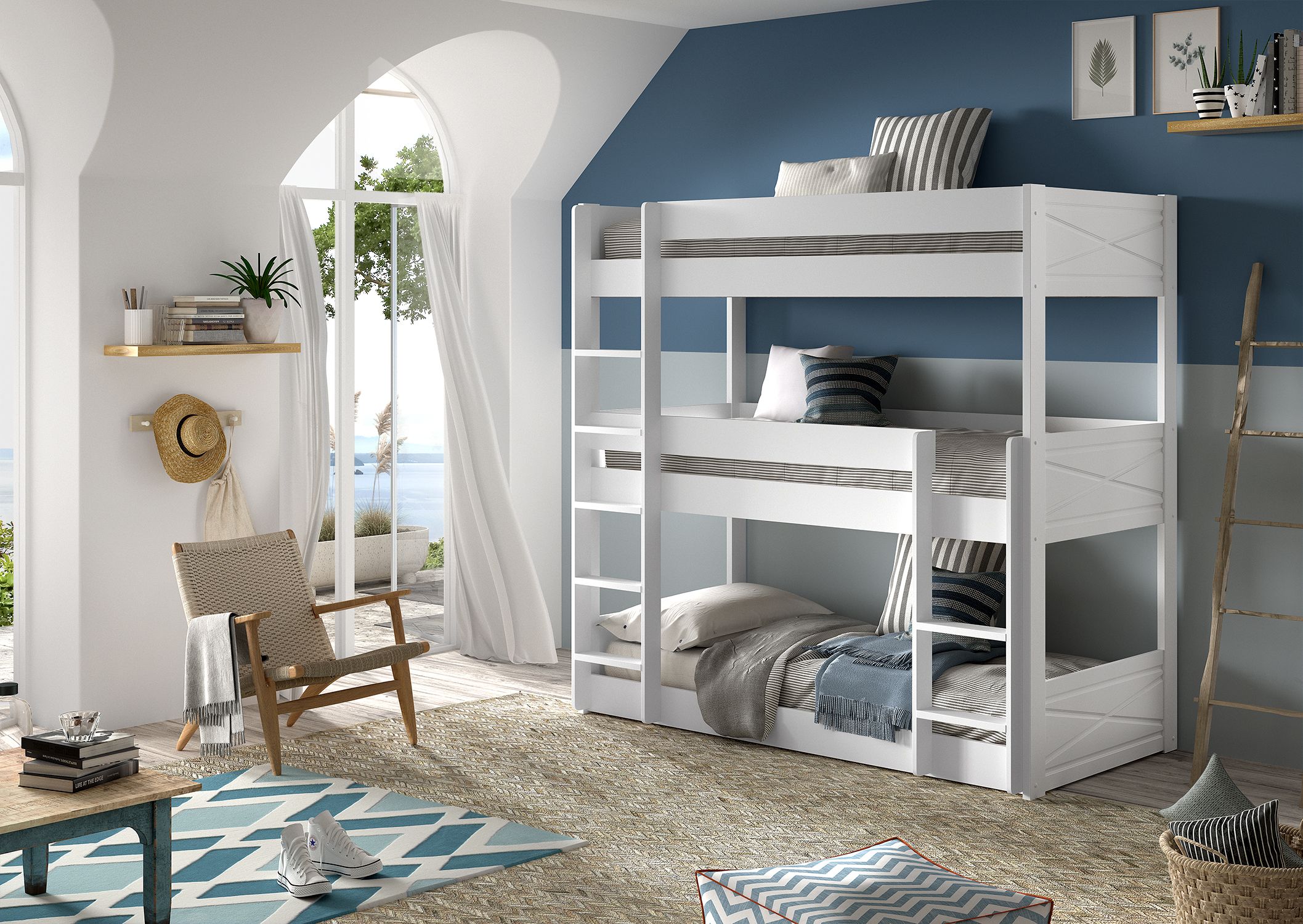 A white triple bunk bed with wooden slats, available in Singapore, kids bunk bed singapore, kids bed singapore