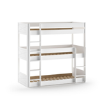 A white triple bunk bed with wooden slats, available in Singapore, kids bunk bed singapore, kids bed singapore