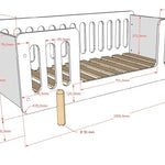A white toddler bed with natural wood legs and surrounding railing, available in Singapore
