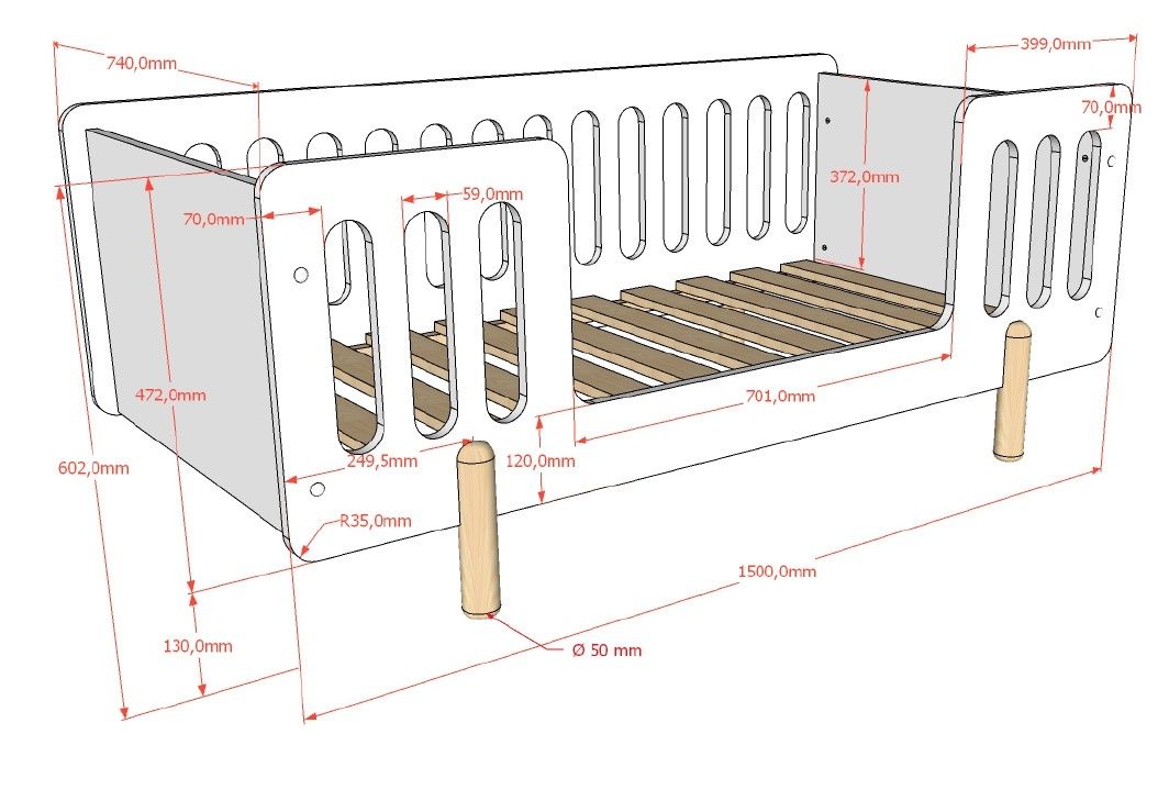 A white toddler bed with natural wood legs and surrounding railing, available in Singapore
