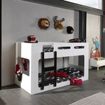 A white bunk bed with black accents, featuring a floor bed and a top bed, with the staircase on the left side, kids bunk bed singapore, kids bed singapore